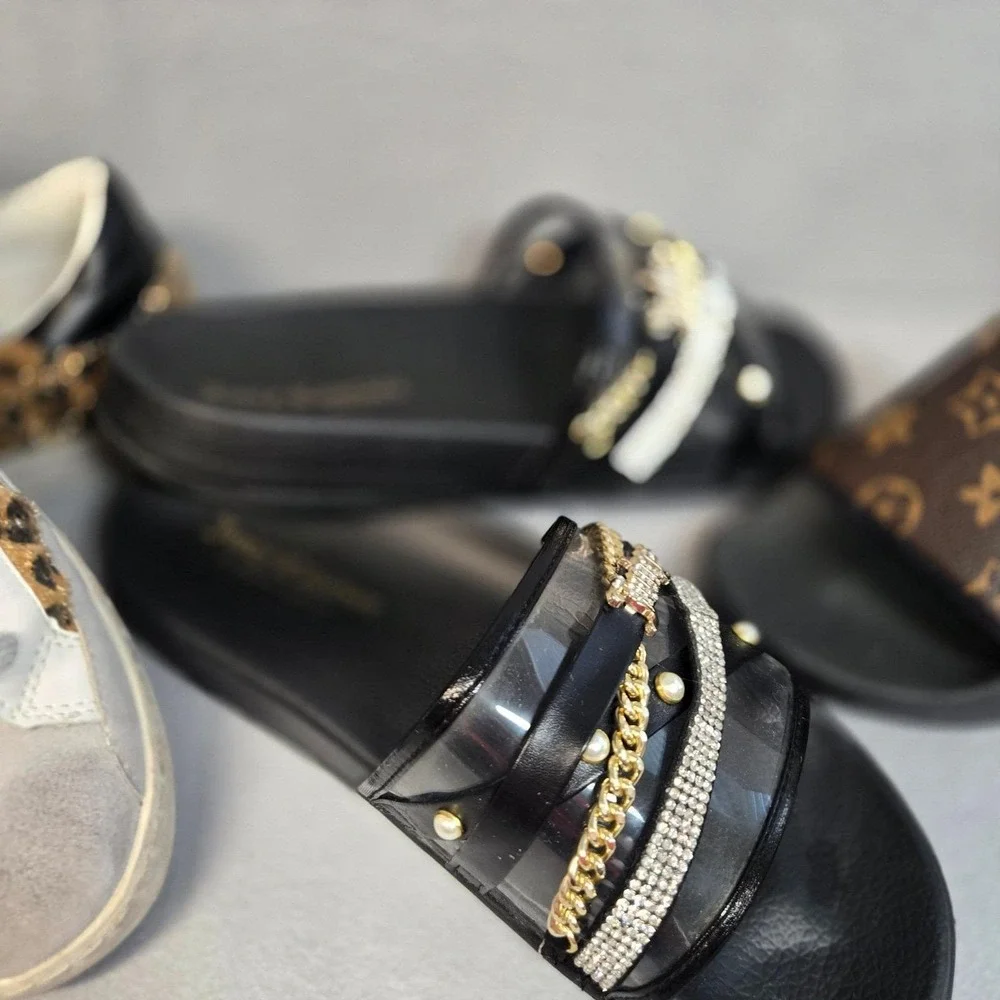 Juicy Couture Slide Sandals Womens Black Excellent Rhinestone Pearl Embellished